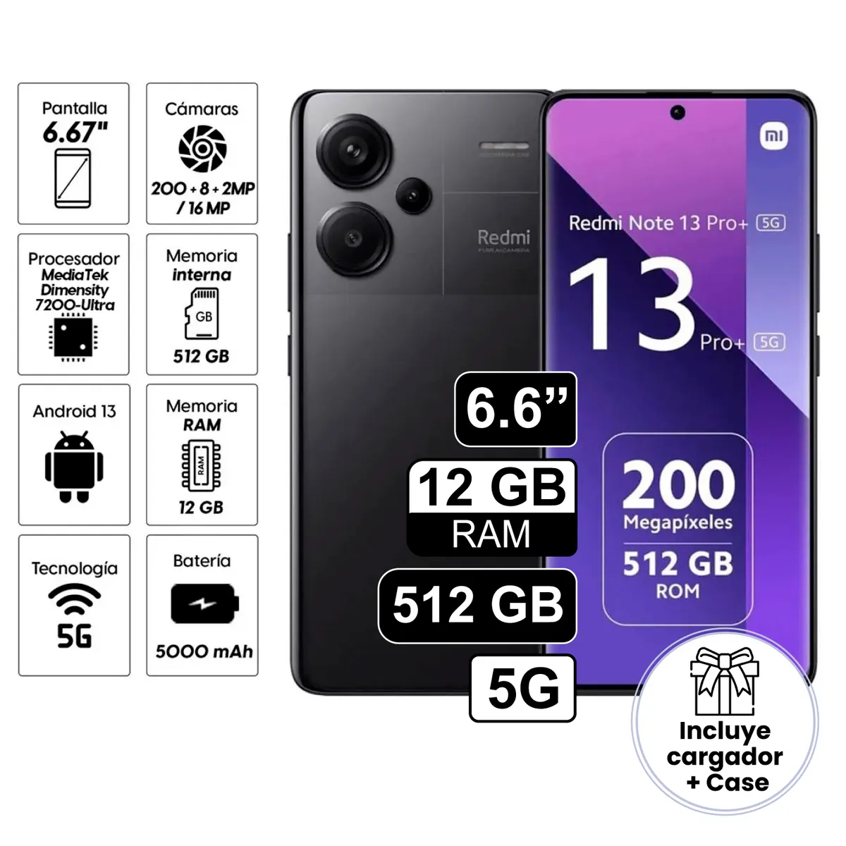 GENERICO - Celular Xiaomi Redmi Note 13 Pro Plus 5G 6.6" Pulg 12GB RAM 512GB 200MP negro