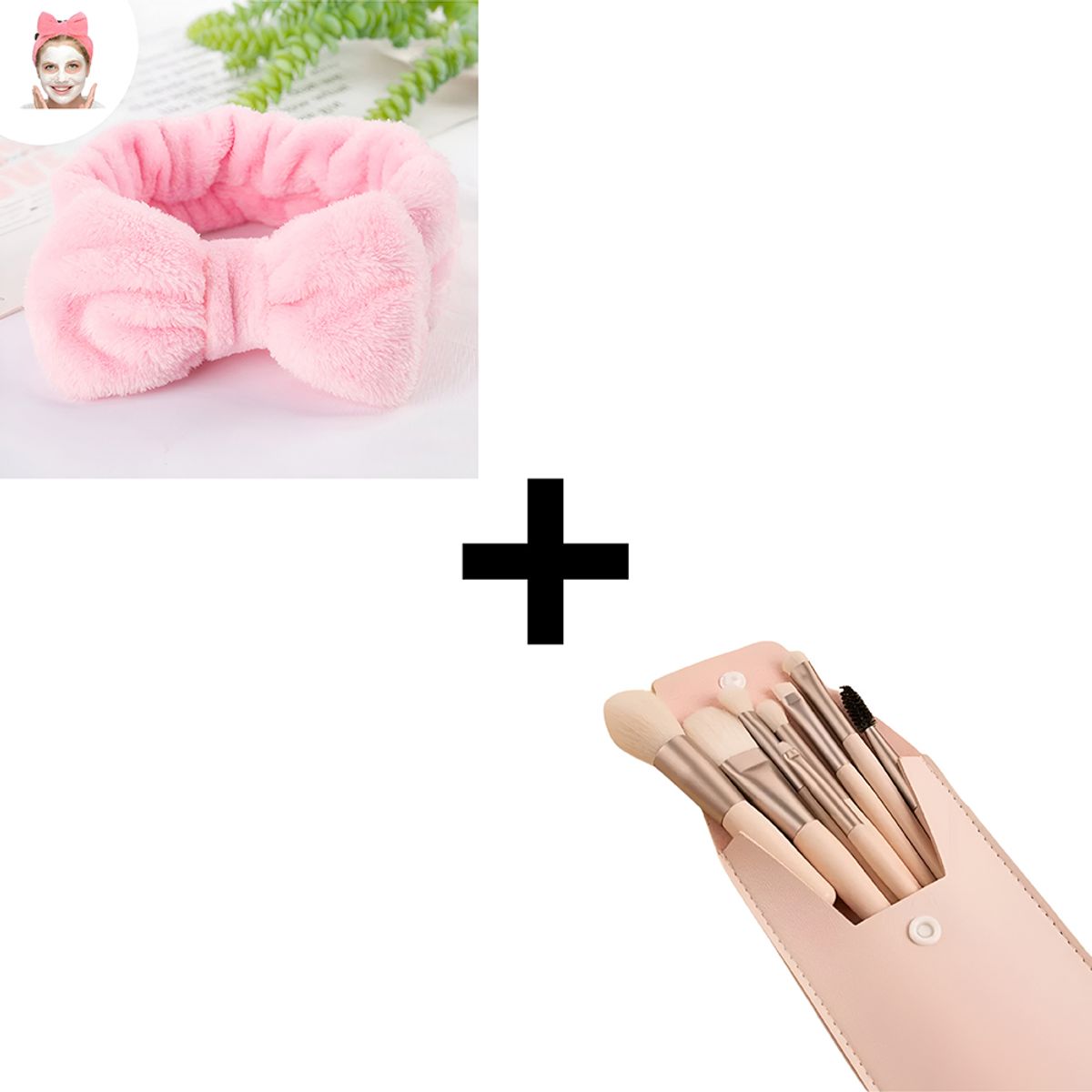 GENERICO - Vincha Skincare Facial Rosado + Brochas Set 8 piezas Rosado