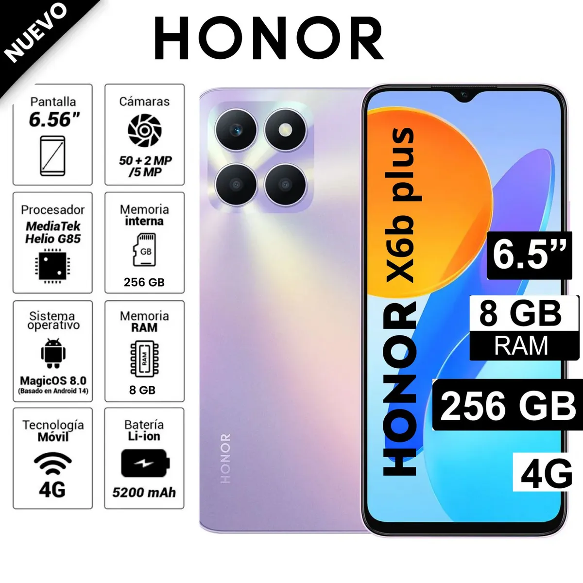 HONOR - Celular Libre Honor X6B Plus 6.5 Pulg 256GB 8GB RAM Lila