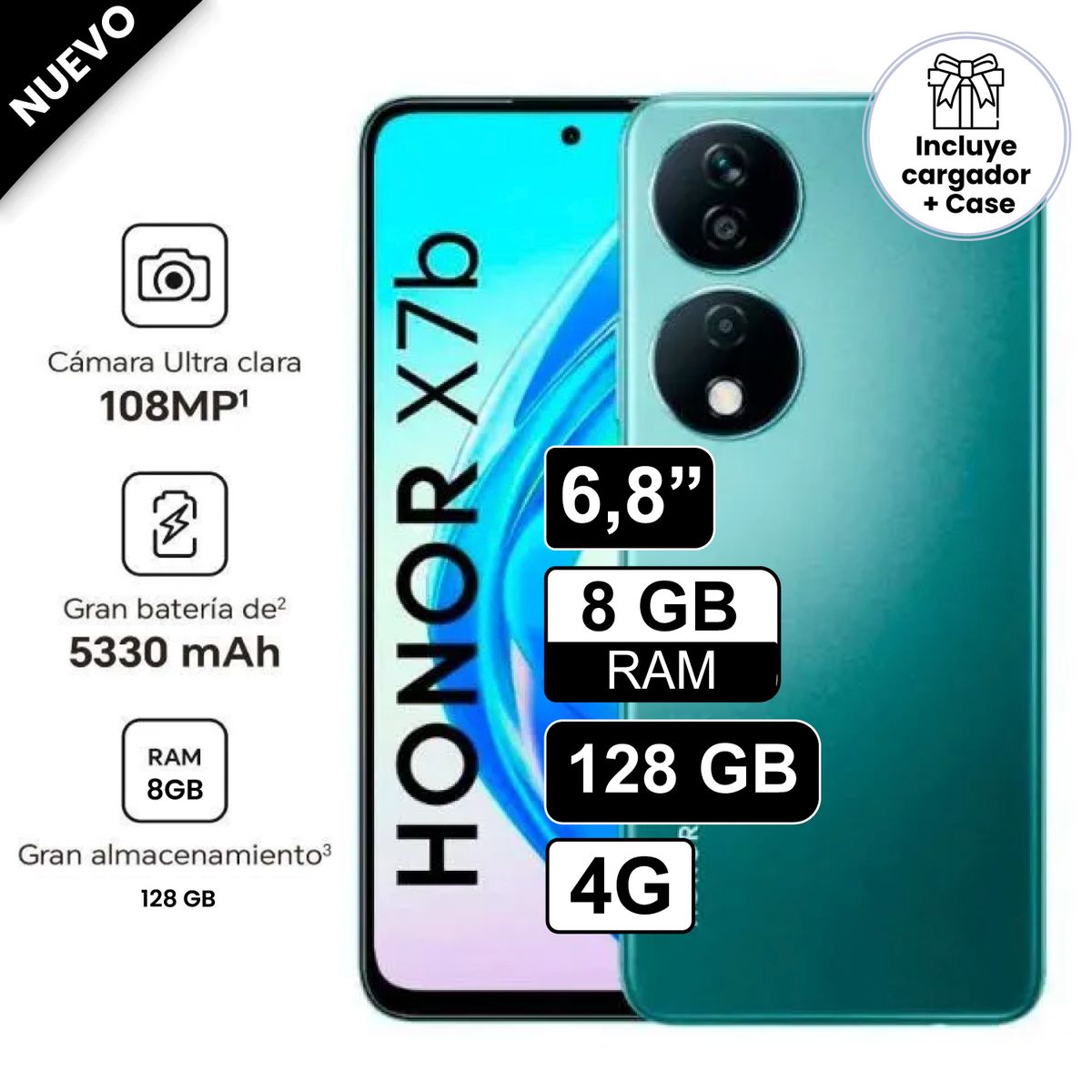 HONOR - Celular Honor X7B 128GB 8GB ram cámara principal 108MP + 5MP + 2MP8MP 6 Verde