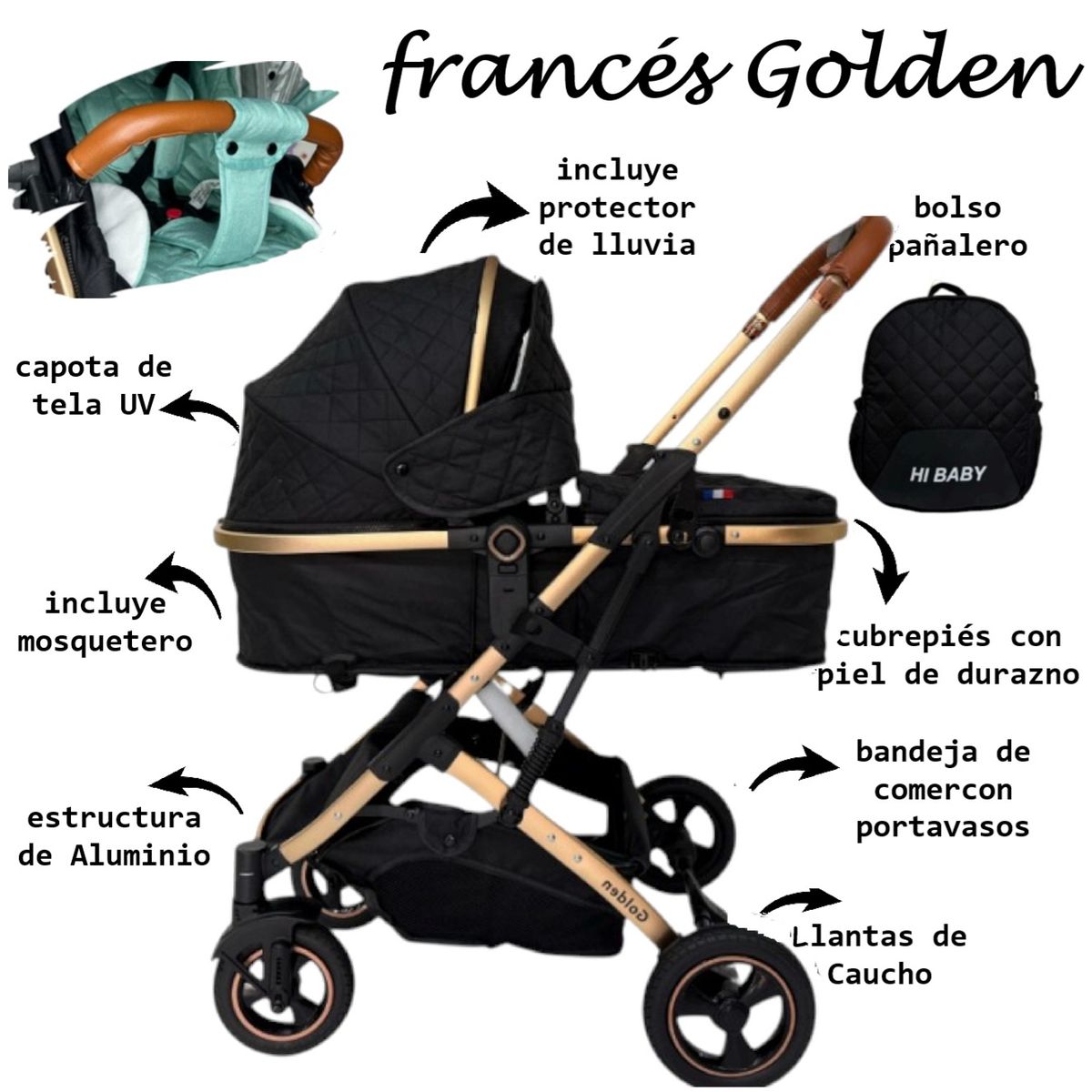HI BABY - Coche Moises Frances Golden  Negro