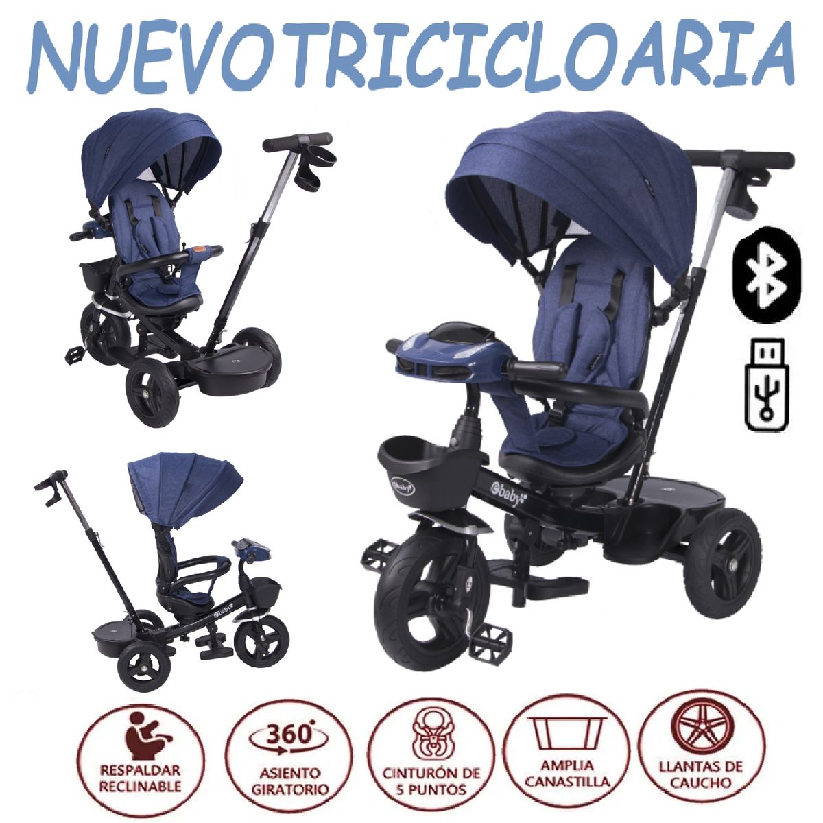 GOLDEN - Nuevo Triciclo Giratorio Ebaby reclinable Aria -Azul