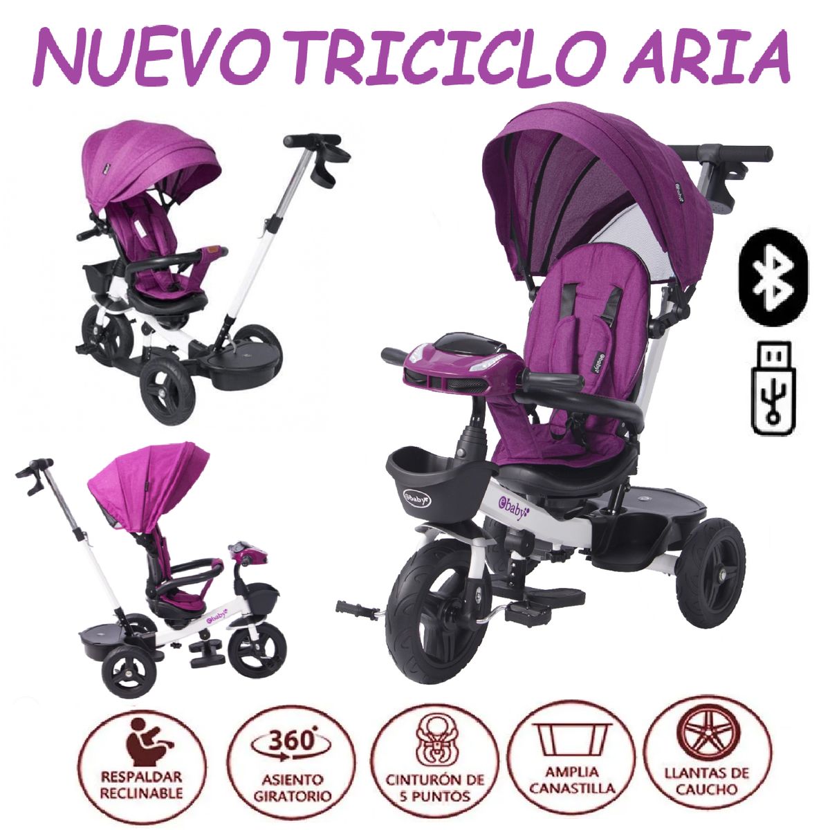 EBABY - Nuevo Triciclo Giratorio Ebaby reclinable Aria -Morado