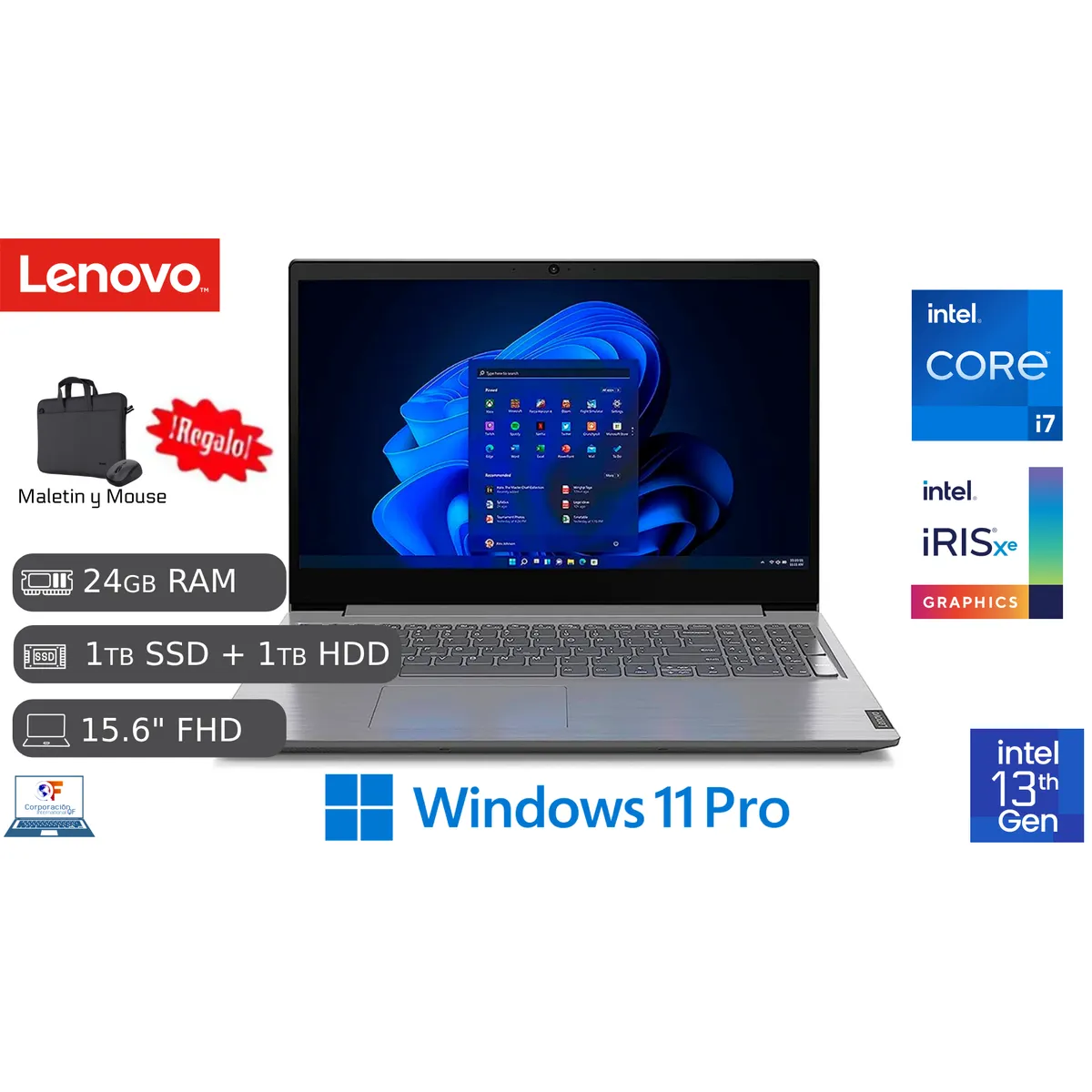 LENOVO - Laptop Nueva Lenovo V15 G4 IRU Intel Ci7 13va 24GB RAM 1TB SSD+ 1TB HDD 156 FHD Maletinmouse