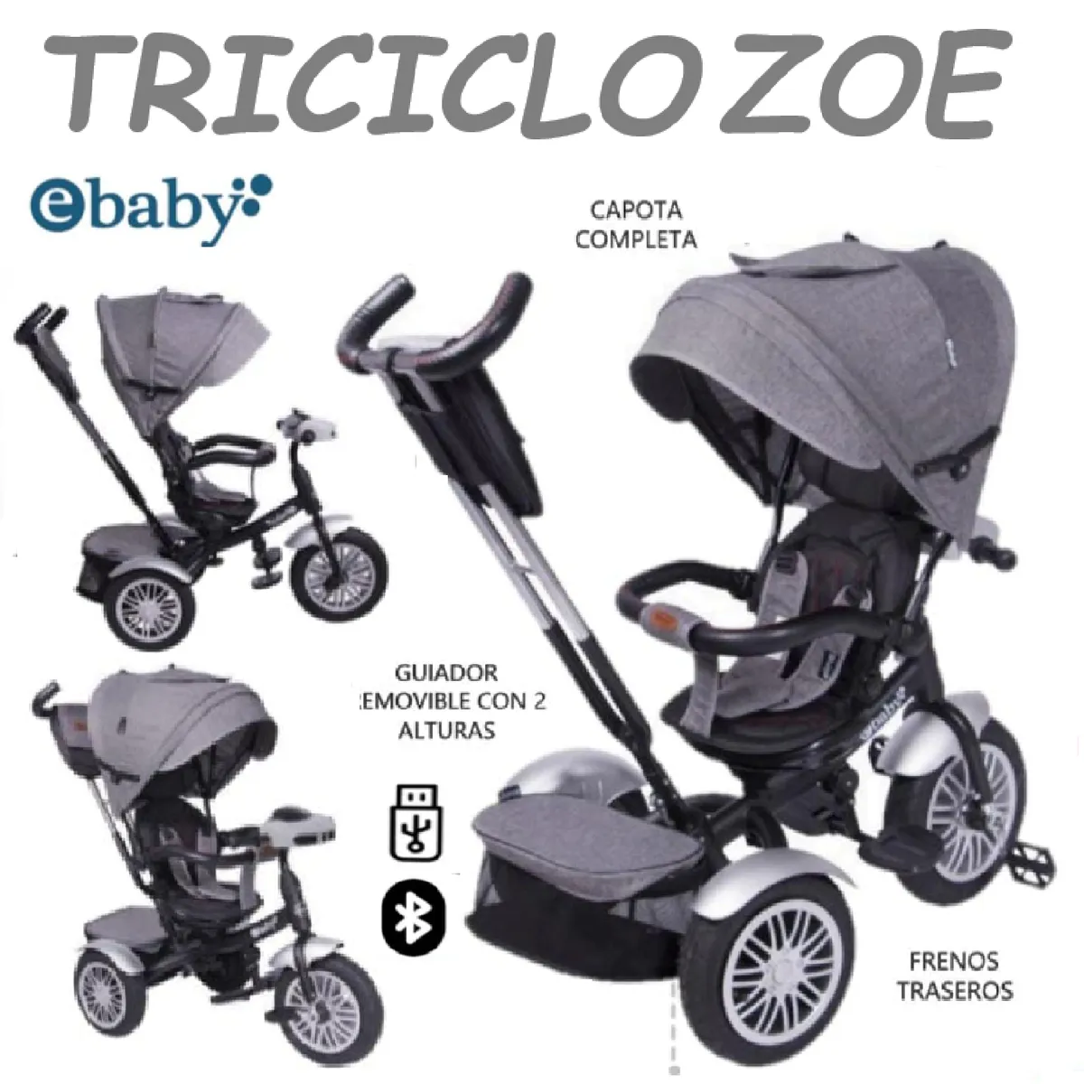 EBABY - Nuevo Triciclo Guiador con Bluetooth Ebaby Zoe -Gris