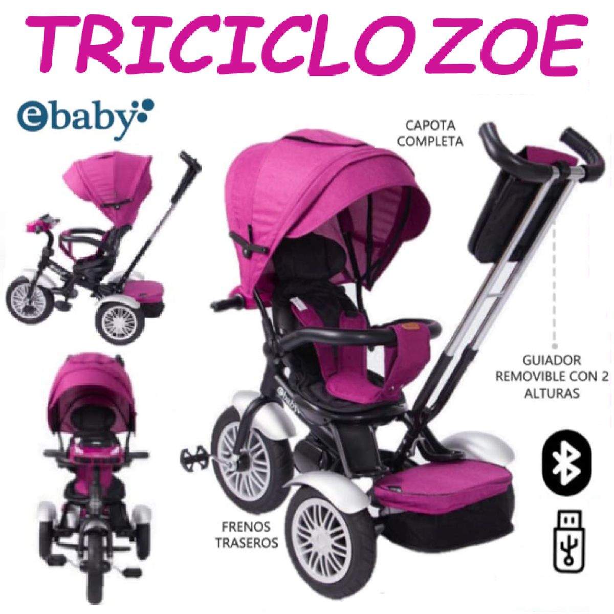 EBABY - Nuevo Triciclo Guiador con Bluetooth Ebaby Zoe -Rosa