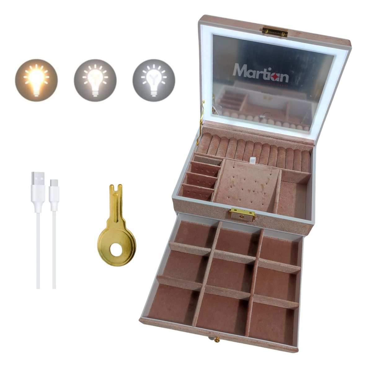 GENERICO - Joyero organizador con Espejo Led Palo Rosa