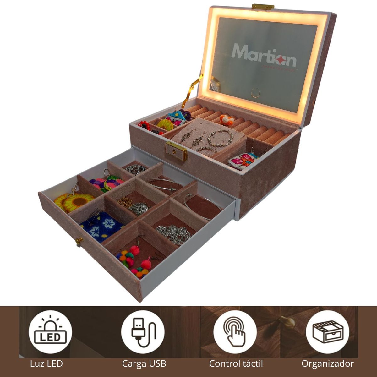 GENERICO - Joyero organizador con Espejo Led Palo Rosa