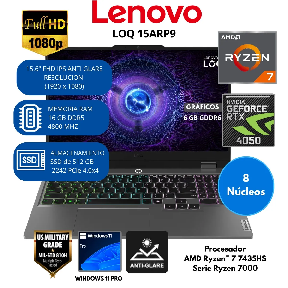 LENOVO - Laptop Lenovo AMD Ryzen™ 7 (LOQ 15ARP9) RAM 16 GB SSD 512 GB 15.6" FHD IPS Windows 11 PRO