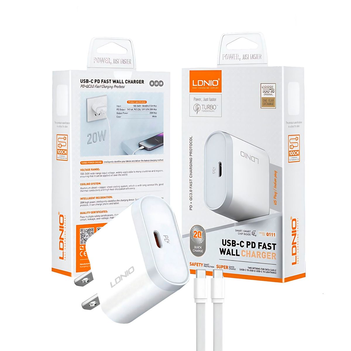 LDNIO - Cargador 20W Carga Rápida Ldnio Q111 Cable 1M Tipo-C a C Blanco