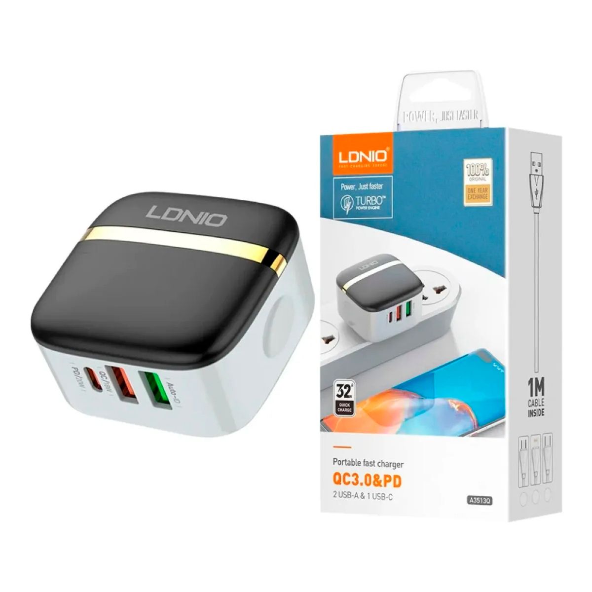 LDNIO - Cargador Ldnio A3513Q Carga Rápida 32W 2xUSB 1 USB-C