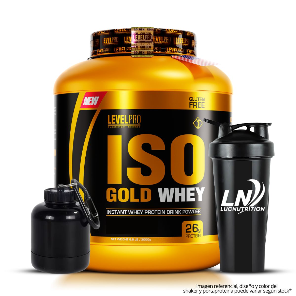 LEVEL PRO - Iso Gold Whey 3 kg Proteina Isolatada - Chocolate + shaker + portaproteina