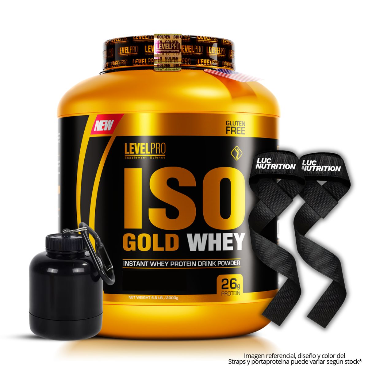 LEVEL PRO - Iso Gold Whey 3 kg Proteina Isolatada - Vainilla + Straps + portaproteina