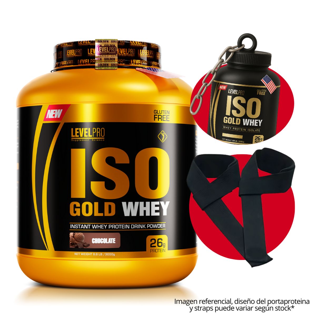 LEVEL PRO - Iso Gold Whey 3 kg sabor chocolate + straps + portaproteina