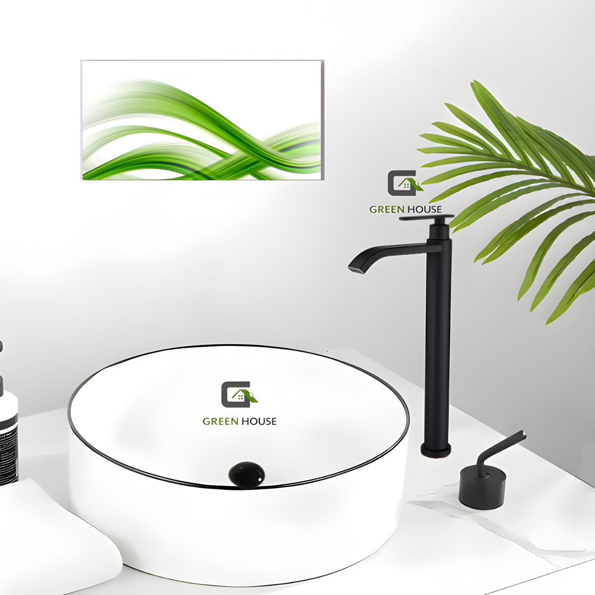 GREEN HOUSE - COMBO LARA BOWLS + GRIFERIA CASCADA AGUA FRIA 30CM + DESAGUE NEGRO