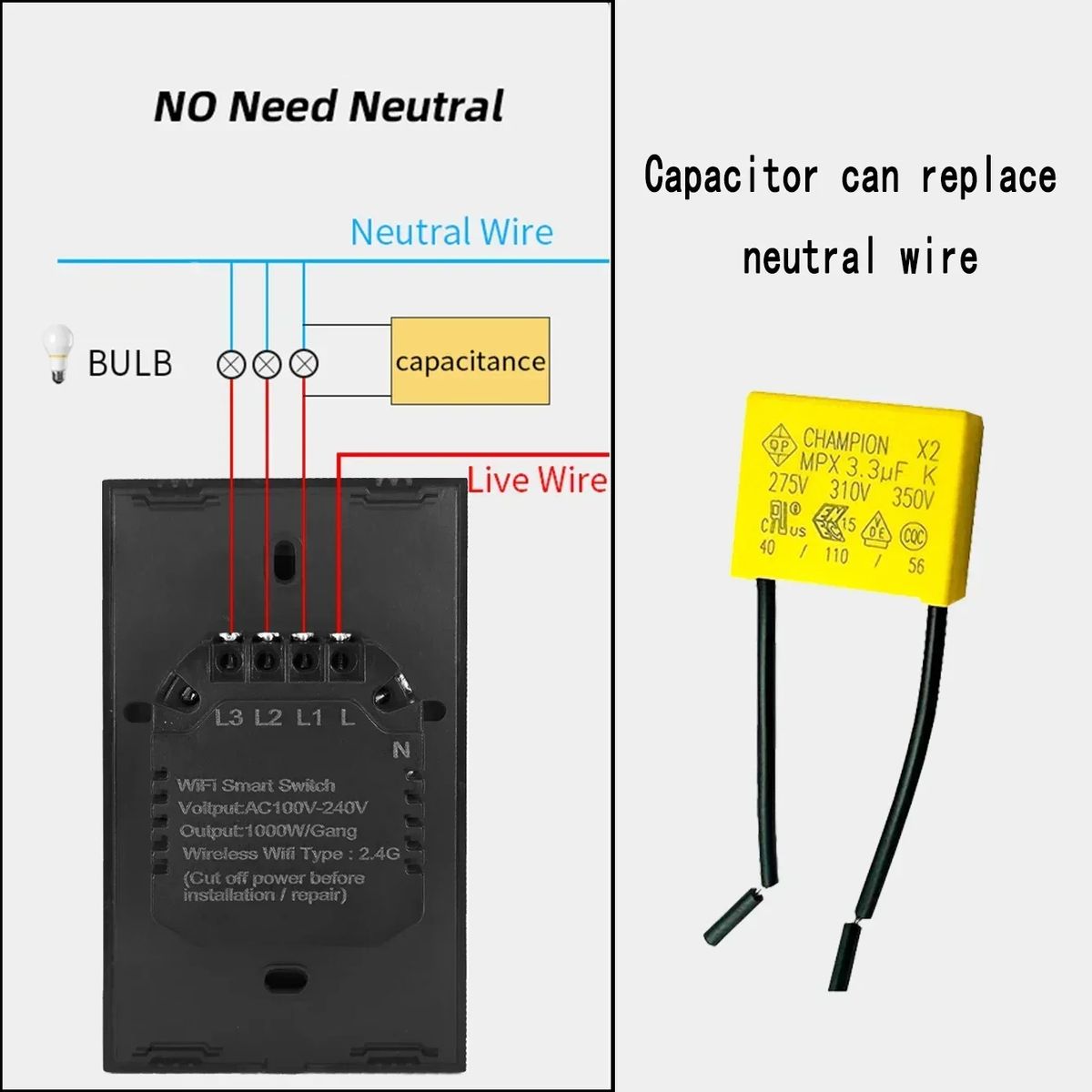 GENERICO - CAPACITOR CONDENSADOR 3.3 UF - REEMPLAZA CABLE NEUTRO - KIT 5 UNIDADES