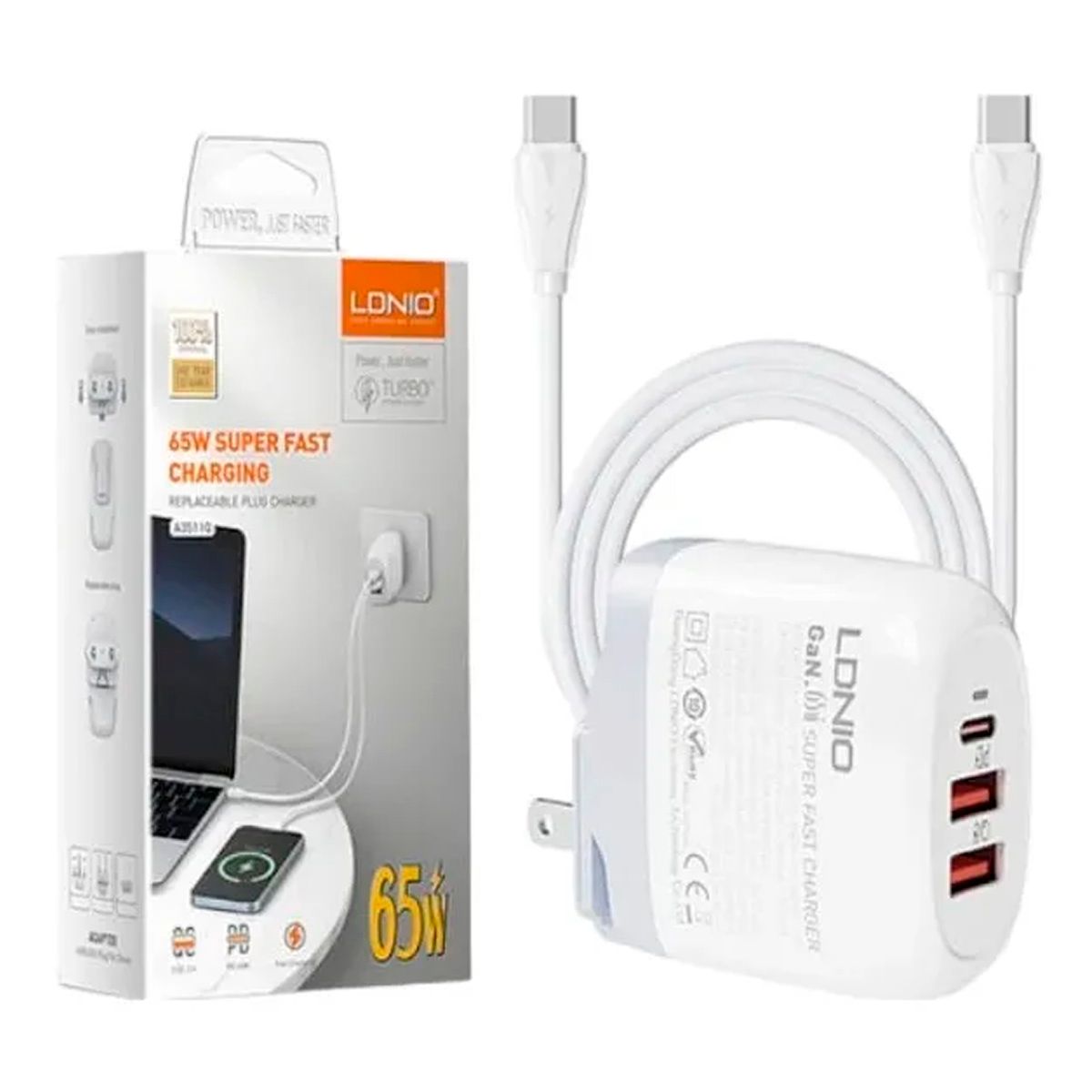 LDNIO - Cargador de Carga Super Rápida GaN 65W A3511Q Ldnio Cable Tipo-C