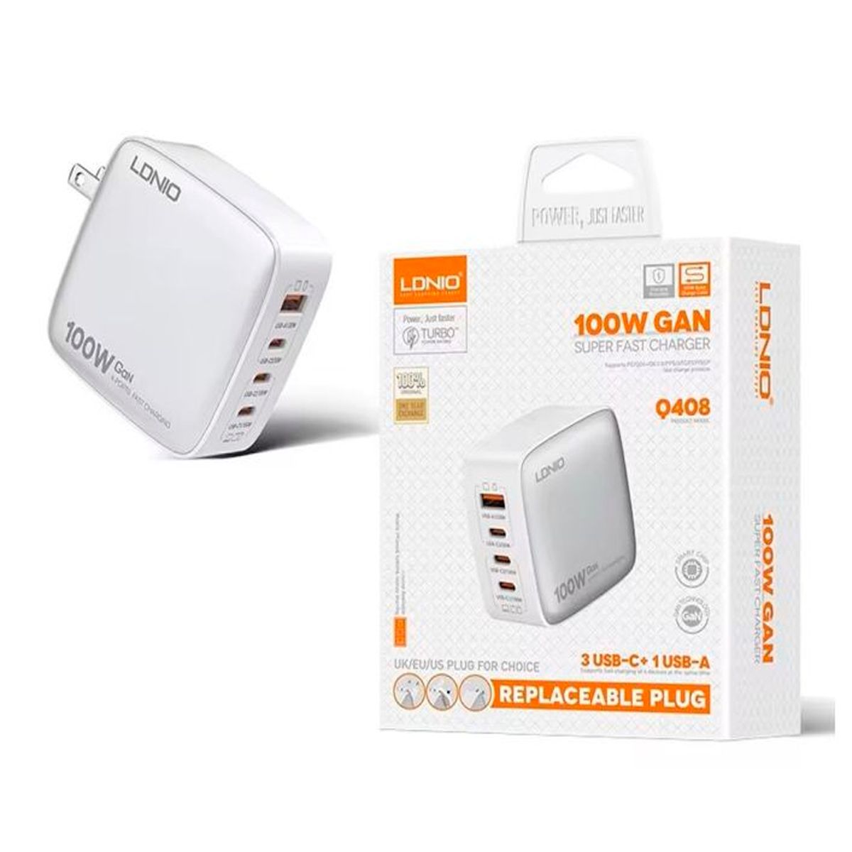 LDNIO - Cargador Superrápido LDNIO Q408 100W GaN 4 Puertos 1 x USB 3 tipo-C