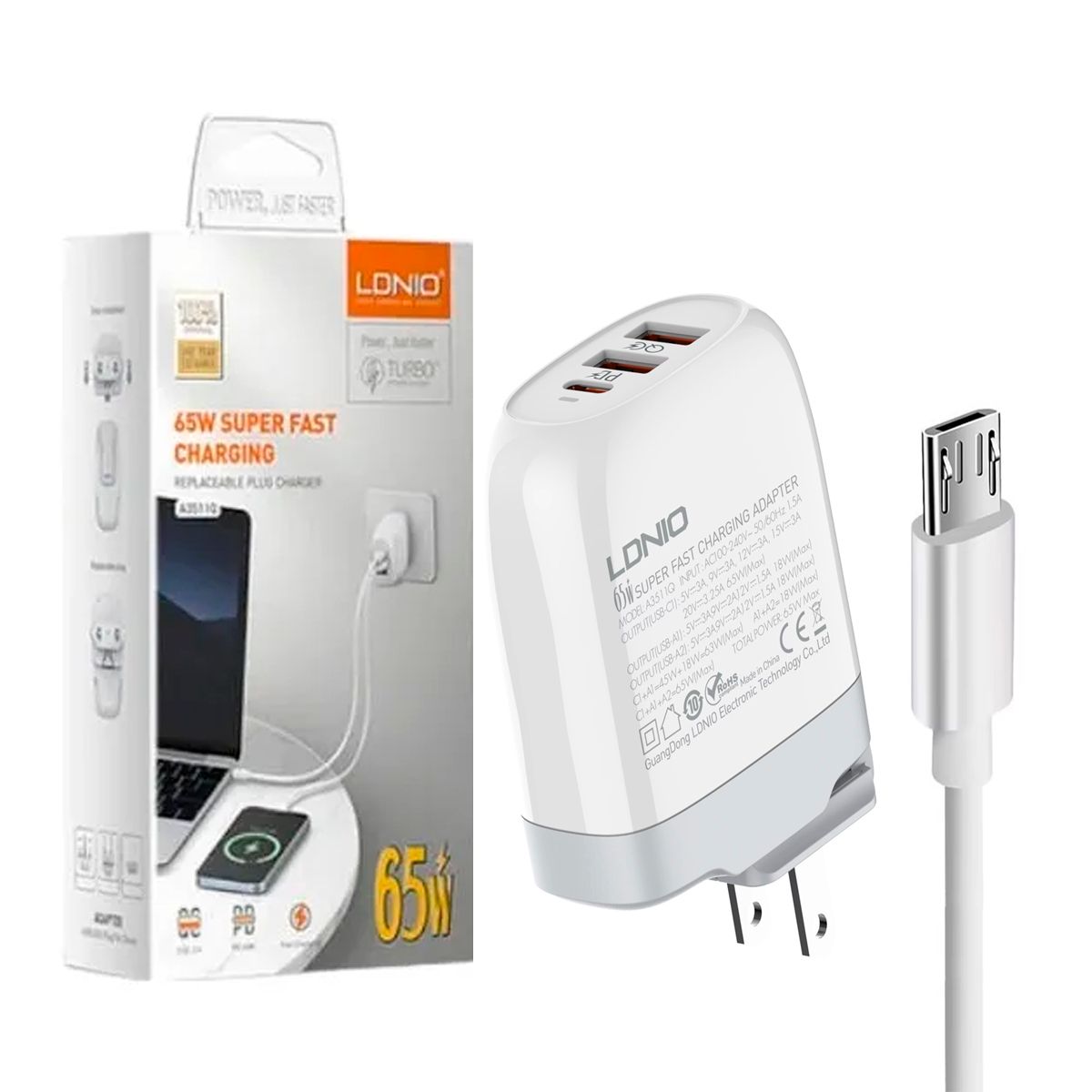 LDNIO - Cargador Ldnio 65W A3511Q GAN 3 Puertos Super Rapido Cable Micro V8
