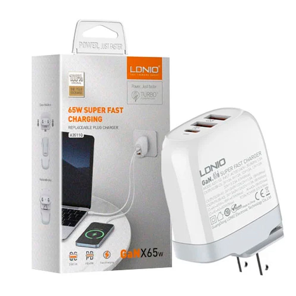 LDNIO - Cargador Ldnio 65W A3511Q GAN 3 Puertos Super Rapido Cable Micro V8