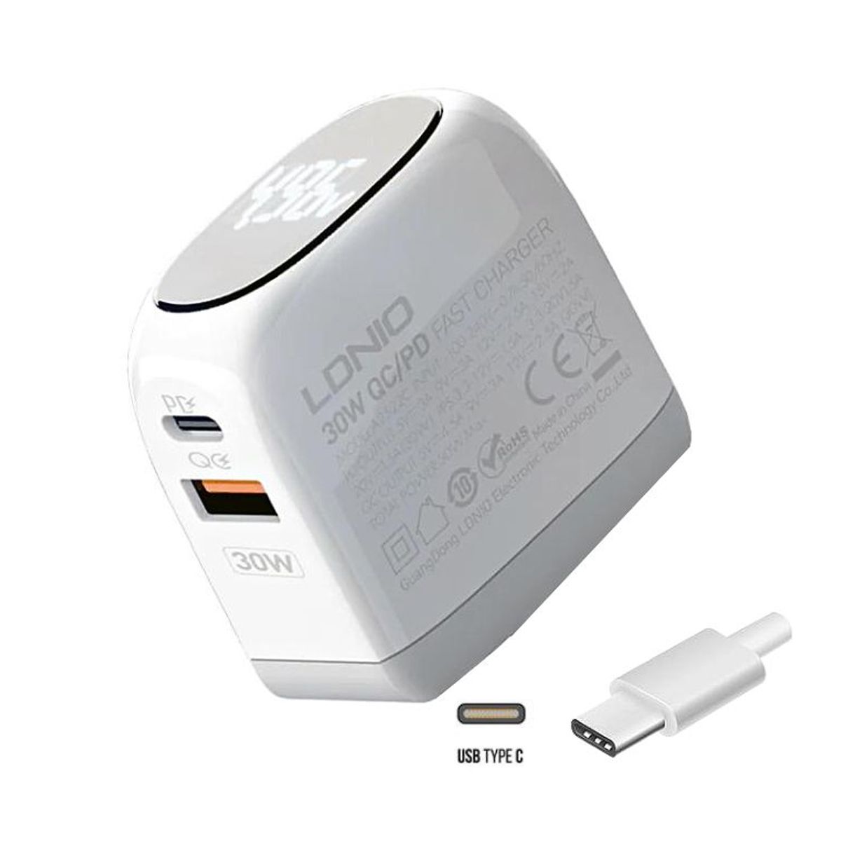 LDNIO - Cargador Ldnio 30W Carga Rápida A2522C con Pantalla Led Blanco