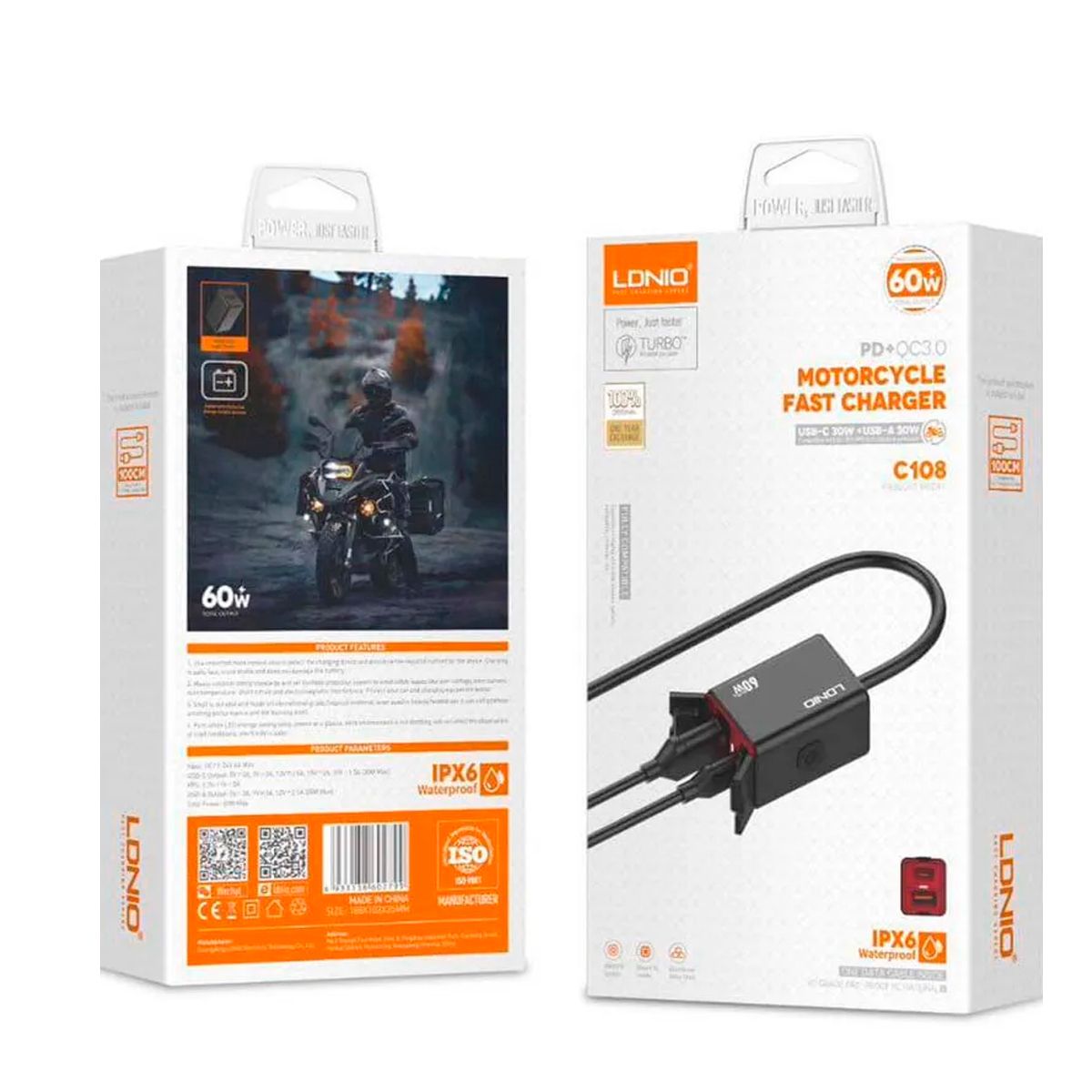 LDNIO - Cargador 60W Para Motocicleta 2 Puertos IPX6 Ldnio C108 C Rápida