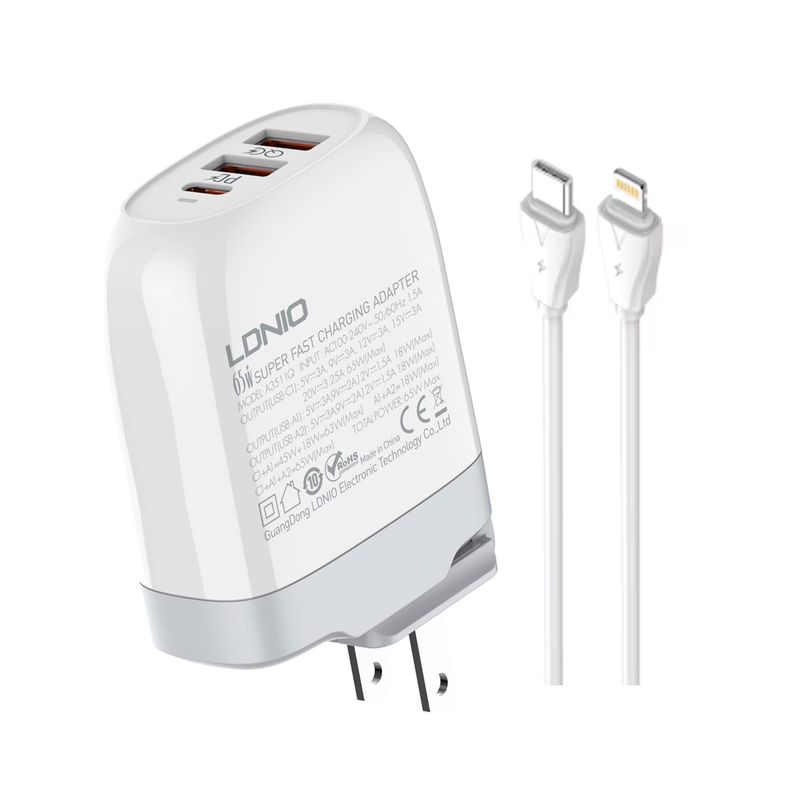 LDNIO - Cargador Ldnio 65W A3511Q GAN 3 Puertos Super Rapido Cable Lightning