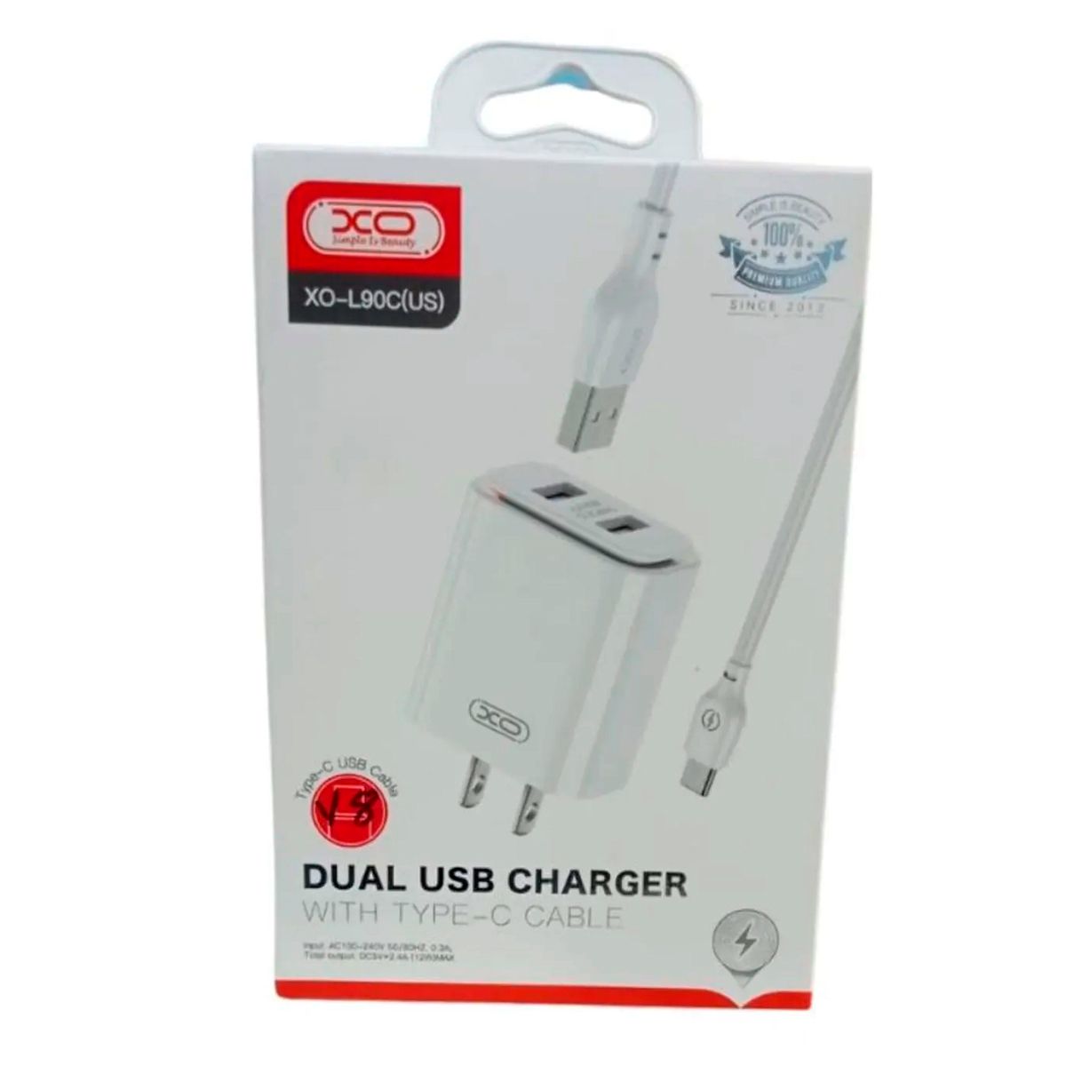 XO SIMPLE IS BEAUTY - Cargador XO L90C 12W Dual USB Charger Cable Tipo-C Blanco