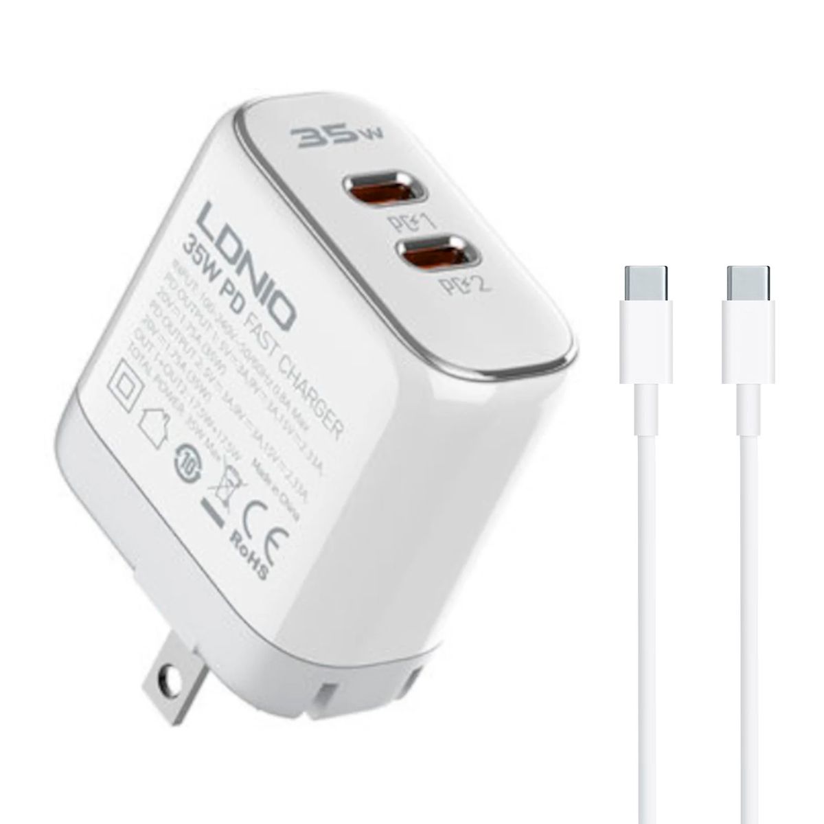 LDNIO - Cargador Rápido LDNIO 35W con 2 Puertos USB-C + Cable Tipo-C A2528C