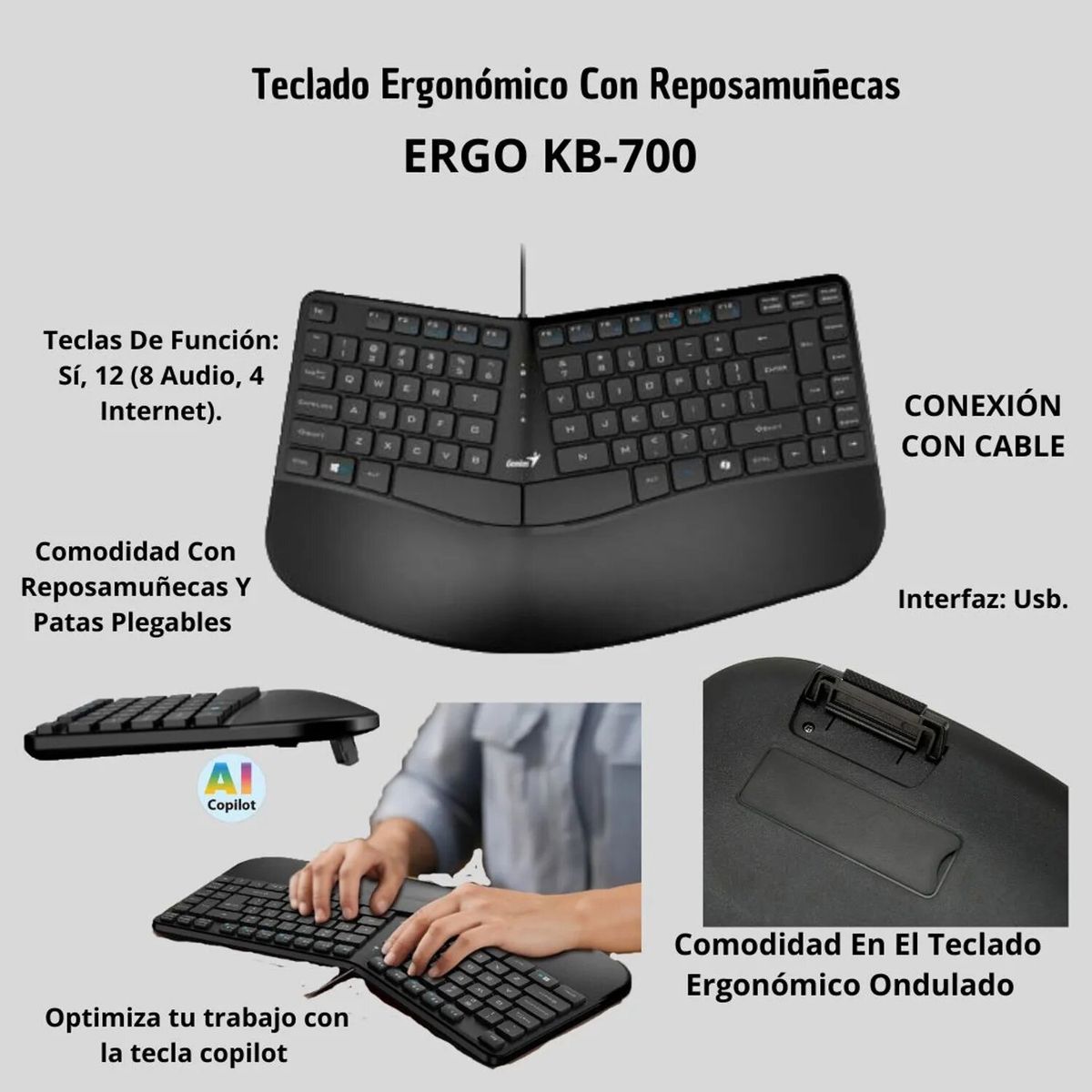 GENIUS - TECLADO GENIUS ERGO KB-700 CTECLA COPILOT USB SP BLACK