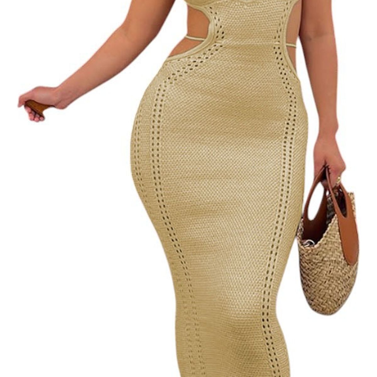 GENERICO - Vestido Hilo Maxi Transparencia Sexy 359G-26 Color Vainilla