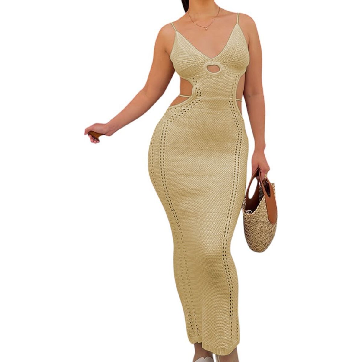 GENERICO - Vestido Hilo Maxi Transparencia Sexy 359G-26 Color Vainilla