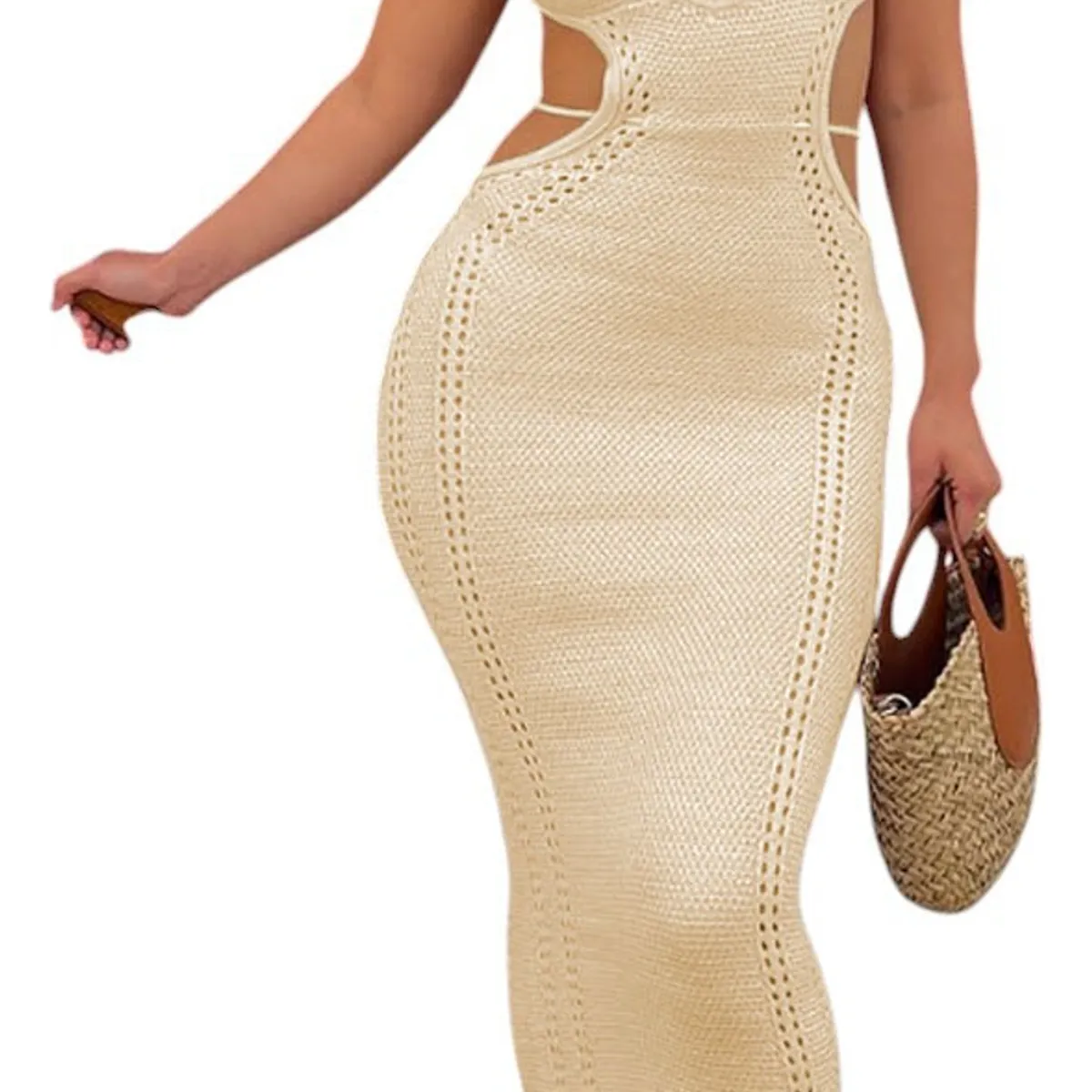 GENERICO - Vestido Hilo Maxi Transparencia Sexy 359G-26 Color Vainilla Beige