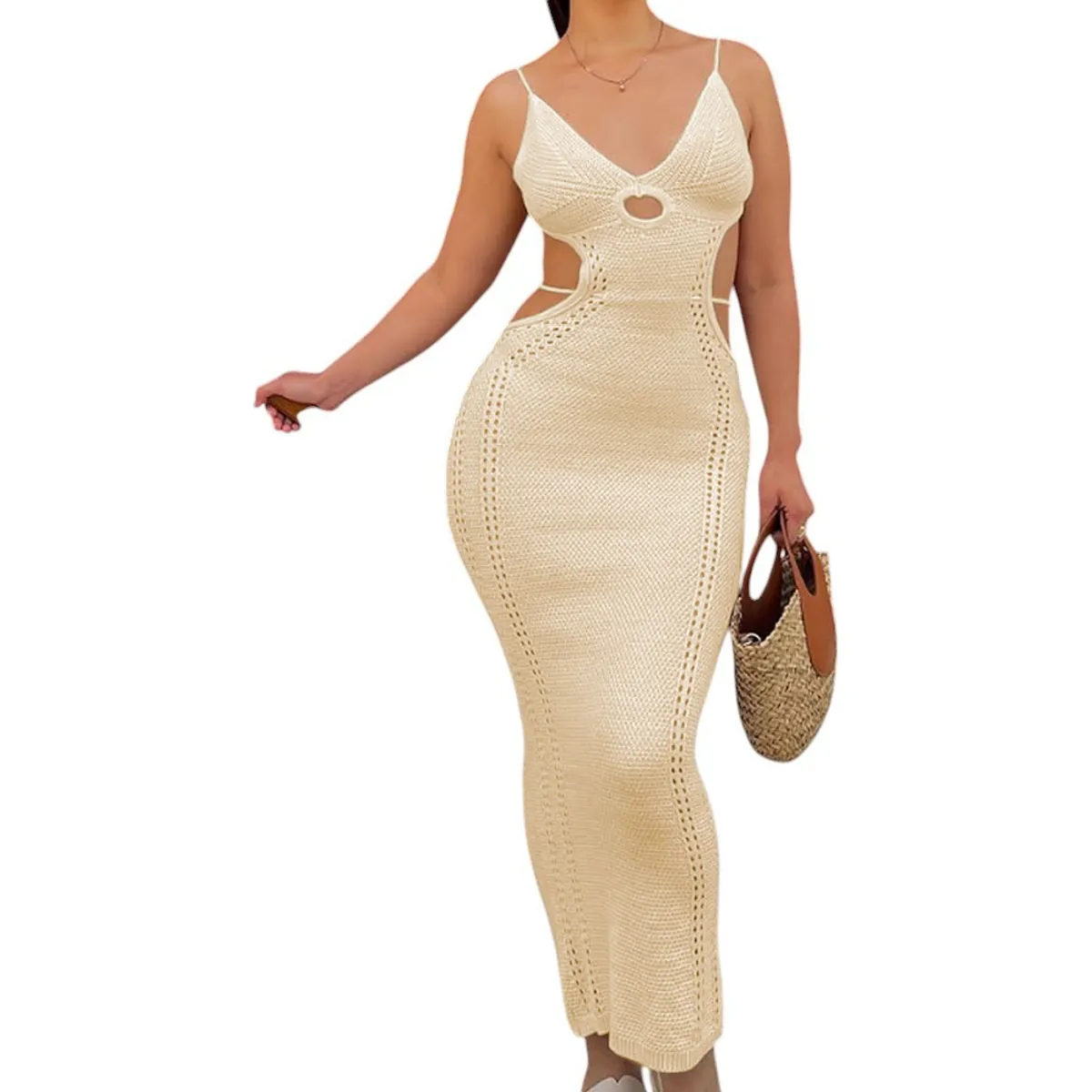 GENERICO - Vestido Hilo Maxi Transparencia Sexy 359G-26 Color Vainilla Beige