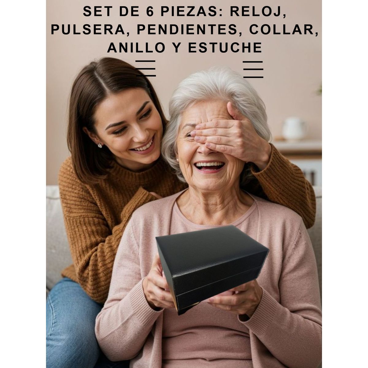 GENERICO - PACK SET DE 6 PIEZAS RELOJ ARETES PULSERA COLLAR ANILLO Y ESTUCHE