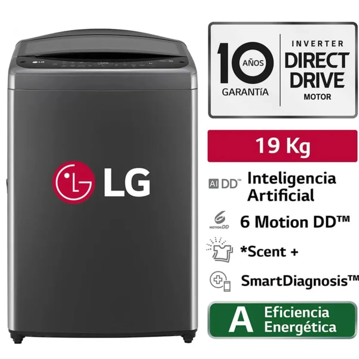 LG - Lavadora LG 19Kg Carga Superior AI DD INTELIGENCIA ARTIFICIAL Negro WT19BV6