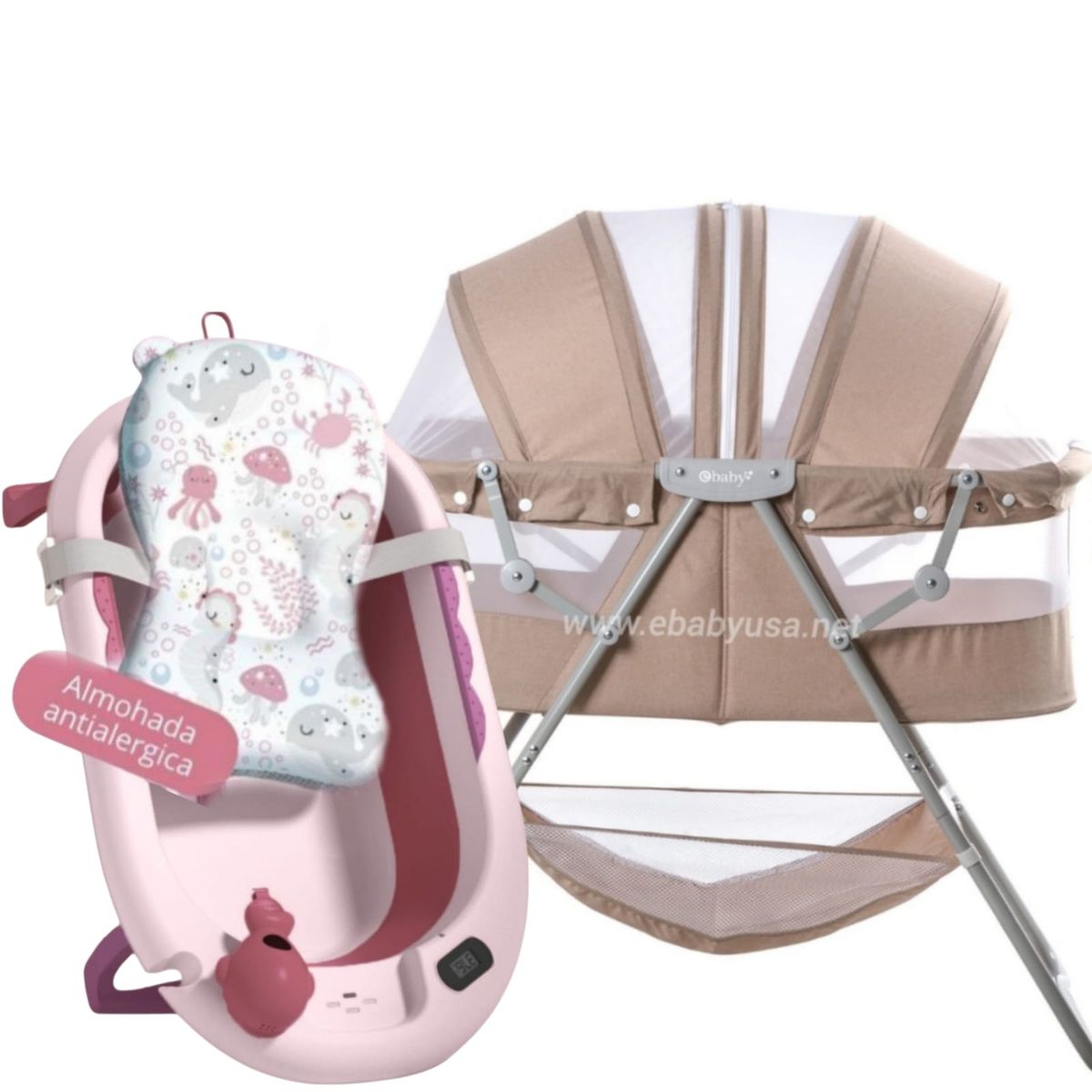 EBABY - Cuna Portátil Plegable DOLLY + Tina cojín con temporizador