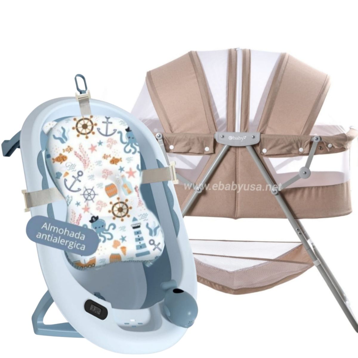 EBABY - Cuna Portátil Plegable DOLLY + Tina cojín con temporizador