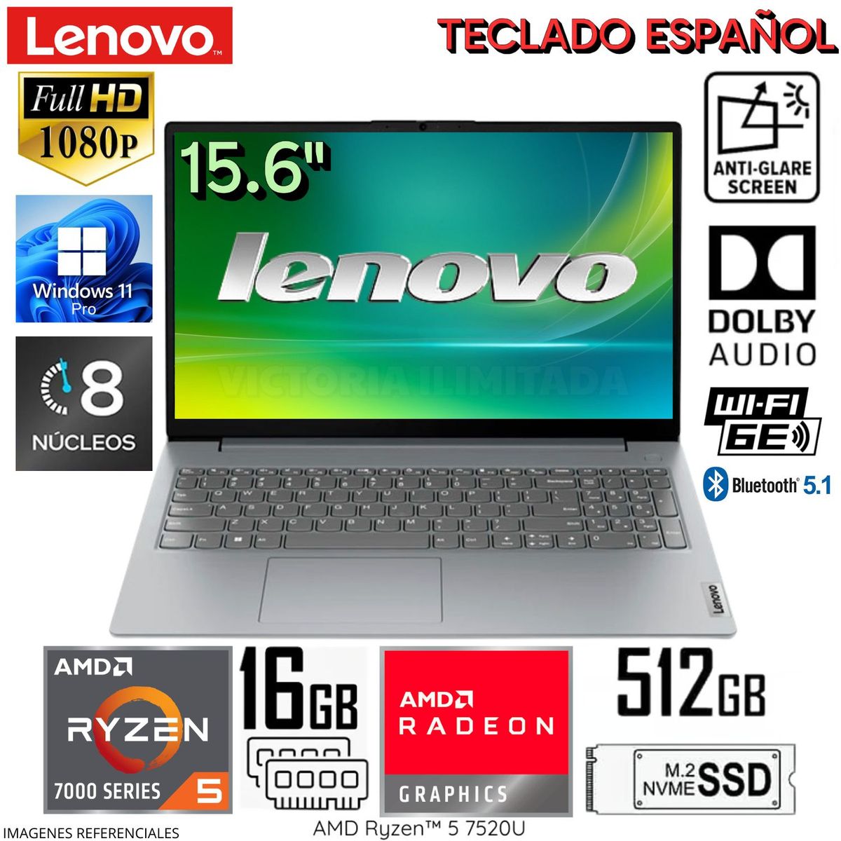 LENOVO - Laptop Lenovo V15 G4 AMN AMD Ryzen 5 7520U 16GB RAM 512GB SSD 15.6 Pulg. FHD 82YU00XYLM