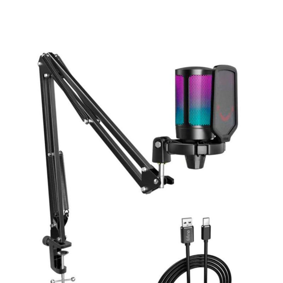 FIFINE - Micrófono A6T Fifine Ampligame RGB Condensador + Brazo - Negro