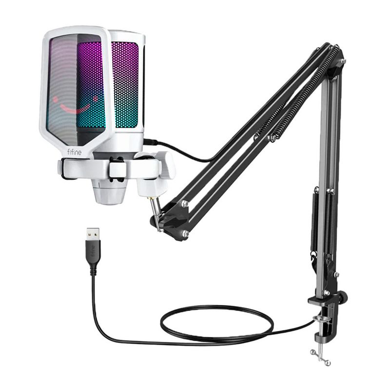 FIFINE - Micrófono A6T Fifine Ampligame RGB Condensador + Brazo-BLANCO