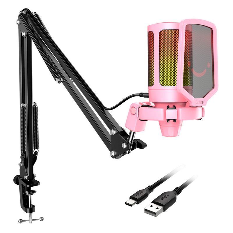 FIFINE - Micrófono A6T Fifine Ampligame RGB Condensador + Brazo-ROSADO