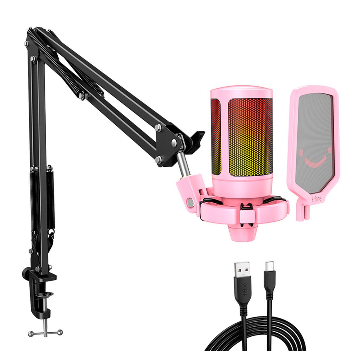 FIFINE - Micrófono A6T Fifine Ampligame RGB Condensador + Brazo-ROSADO
