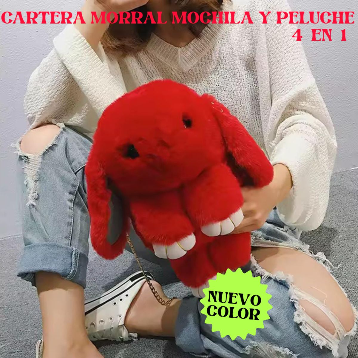 GENERICO - MORRAL BOLSO MOCHILA CARTERA PELUCHE HIPOALERGÉNICO DE CONEJO 5 EN 1