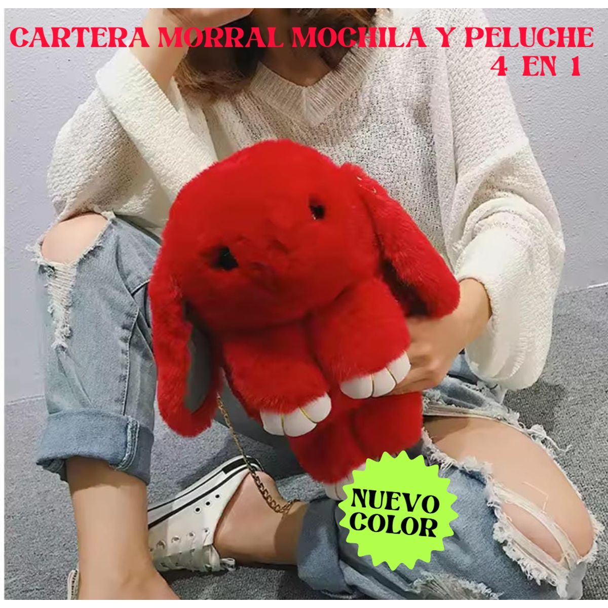 GENERICO - MORRAL BOLSO MOCHILA CARTERA PELUCHE HIPOALERGÉNICO DE CONEJO 5 EN 1