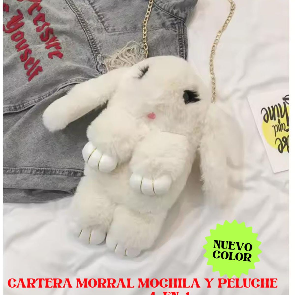 GENERICO - MORRAL BOLSO MOCHILA CARTERA PELUCHE HIPOALERGÉNICO DE CONEJO 5 EN 1