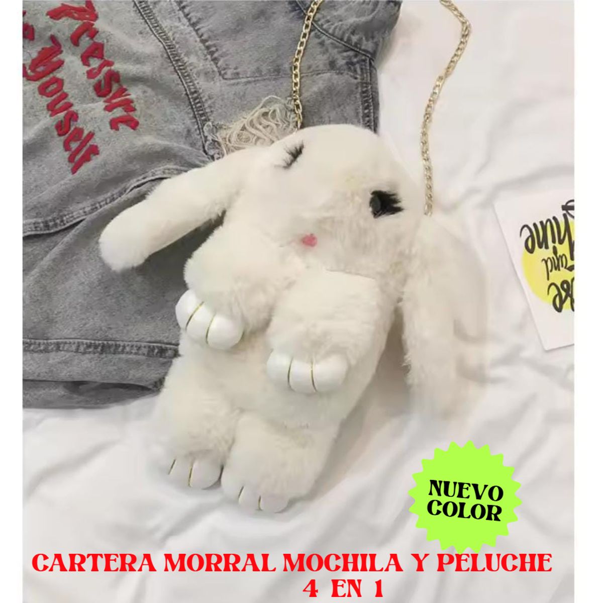 GENERICO - MORRAL BOLSO MOCHILA CARTERA PELUCHE HIPOALERGÉNICO DE CONEJO 5 EN 1