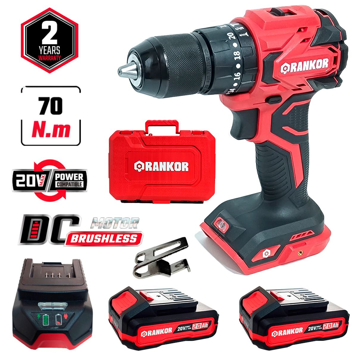 RANKOR - Taladro Atornillador Percutor Industrial 13mm Rankor RLID20002 20V 70Nm 2Bat x 2Ah Brushless