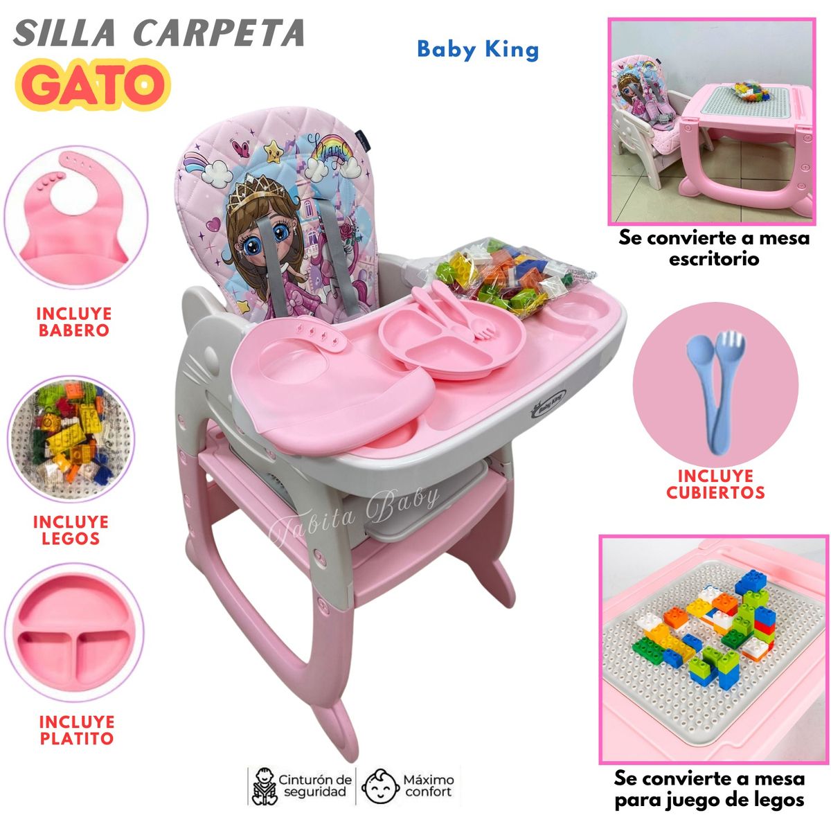 BABY KING - Silla de comer Bebe Carpeta Gato con accesorios Rosado