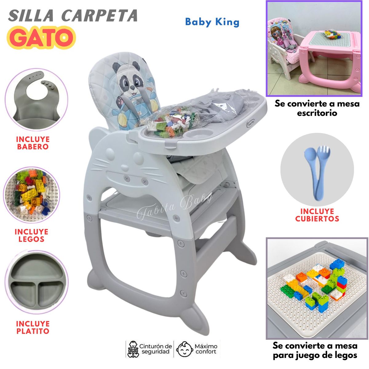 BABY KING - Silla de comer Bebe Carpeta Gato con accesorios Gris